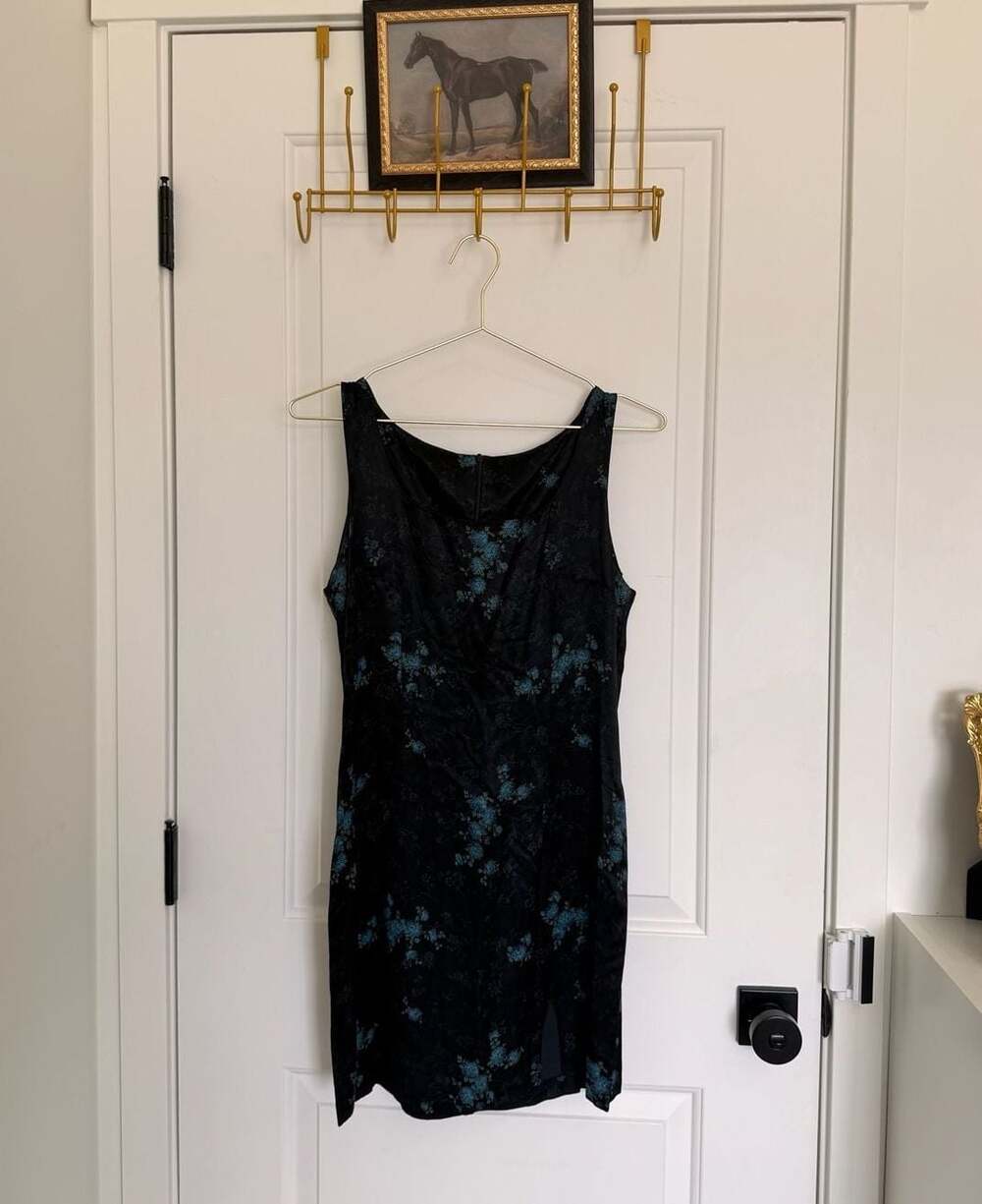 Vintage 90s Black Satin Sleeveless Mini Side Slit Dress with Blue Floral Pattern